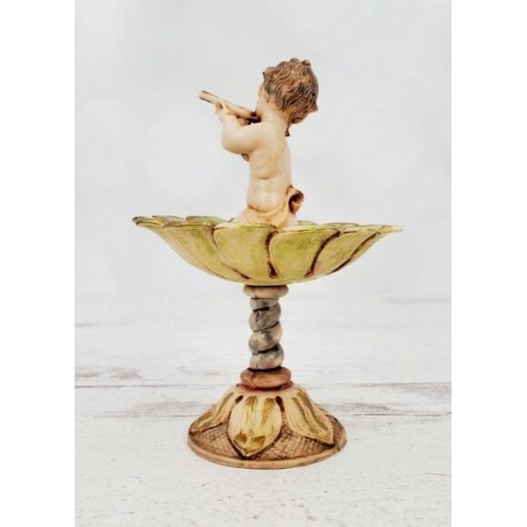 Cherub Playing Flute Pedestal Compote Bird Bath Dish 4" - Picture 3 of 4